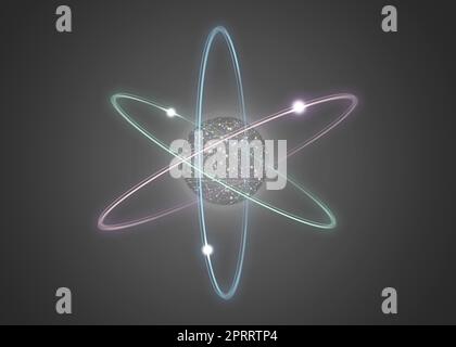 Virtual model of atom on grey background. Illustration Stock Photo