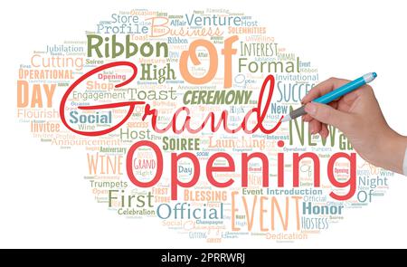 Big word cloud with words grand opening with hand and pen. Stock Photo