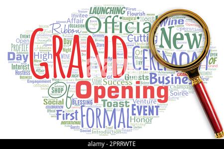 Big word cloud with words grand opening with magnifying glass. Stock Photo