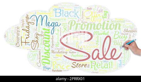 Big word cloud in the shape of UFO with hand and pen with words mega sale. Stock Photo