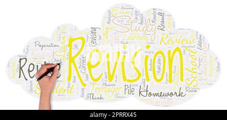 Big word cloud in the shape of cloud with hand and pen with word revision. Stock Photo