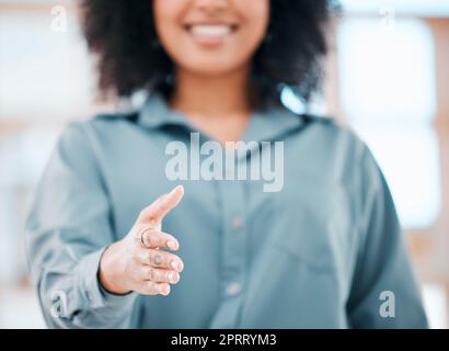 Welcome, thank you and deal handshake by business woman with goal or vision for b2b partnership. Coaching, training and leader offer success with mission or target, excited for innovation and change Stock Photo