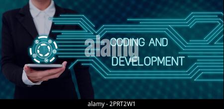 Text sign showing Coding And Development, Word for Programming Building simple assembly Programs Stock Photo