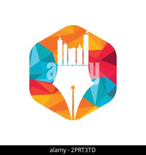 Creative concept with pen and city skyline logo design. Commercial buildings construction symbol. Stock Vector