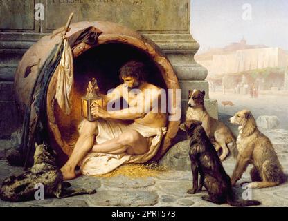 DIOGENES  (412 ?-323 BC) Greek philosopher. 'Diogenes sitting in his tub' by Jean-Léon Gerôme (1860) Stock Photo