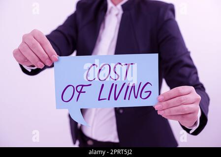 Conceptual caption Cost Of Living, Word Written on Software used in gathering information relevant to a topic Businesswoman Holding Speech Bubble With Stock Photo