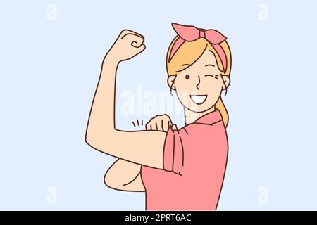 Smiling young woman show muscles feeling powerful and strong. Happy girl demonstrate power and strength. Female leadership and success. Vector illustr Stock Photo