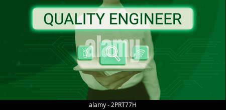 Sign displaying Quality Engineer, Word for findings of the study based upon the information gathered Stock Photo