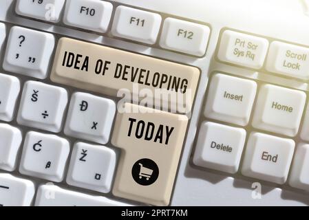 Hand writing sign Idea Of Developing, Word Written on Startup launch innovation product, creative thinking Businessmen Communicating Through System, H Stock Photo