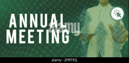 Writing displaying text Annual Meeting, Word for Graphic artist Software Programmer and Analyst Experts Businessman in suit holding tablet symbolizing Stock Photo