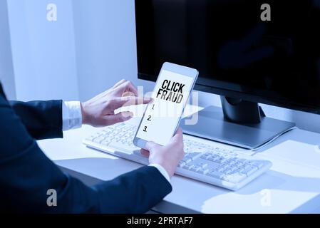 Conceptual display Click Fraud. Business concept practice of repeatedly clicking on advertisement hosted website Stock Photo