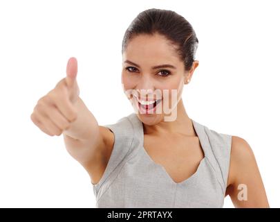 Thats a job well done. Studio shot of an attractive young woman dressed in smart casual attire-isolated on white. Stock Photo