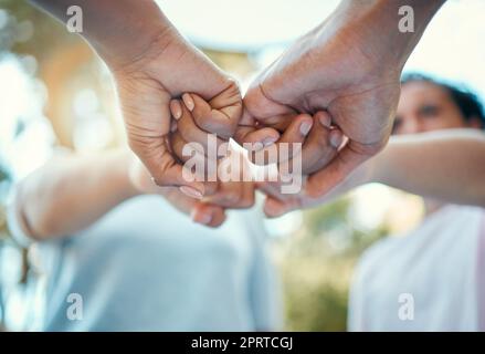 Fist, hands or support with nature friends in park for sustainability, earth or planet growth motivation. Diversity zoom, teamwork or collaboration of environment volunteer people in recycle charity Stock Photo