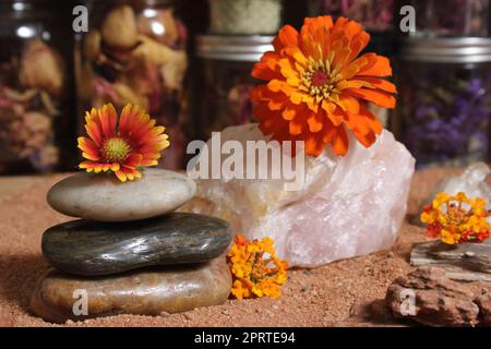 Balance Stones and Rose Quartz on Australian Red Sand Stock Photo