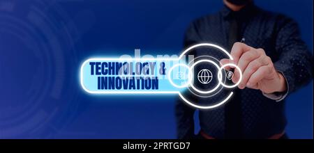 Hand writing sign Technologyandinnovation, Word Written on Application of better Solution for New Market Needs Stock Photo