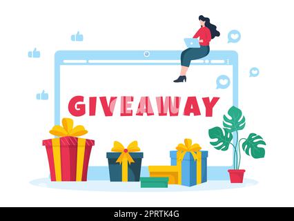 Giveaway Template Hand Drawn Cartoon Flat Illustration with Win a Prize, Surprise Package, Reward and Gift Box Design Stock Photo