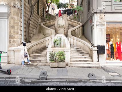 Kamondo Stairs, a famous pedestrian stairway leading to Galata Tower, built around 1870, located on Banks Street in Galata, Karakoy district of Istanb Stock Photo