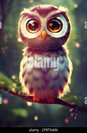 Portrait of a cute baby owl. Digital art 3D illustration in the style of animation Stock Photo