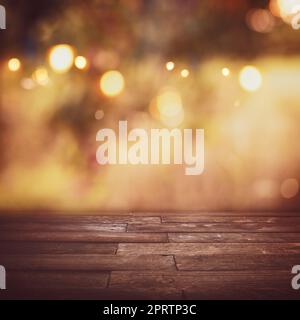 Golden autumn background with wooden table Stock Photo