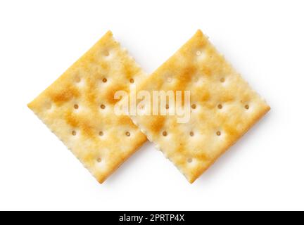 Two crackers placed on a white background. Viewed from above. Stock Photo