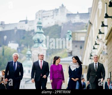 Salzburg, Austria. April 27, 2023. Annalena Baerbock (Alliance 90/The Greens), Federal Foreign Minister, takes part in the meeting of German-speaking foreign ministers in the Haus fuer Mozart in Salzburg. (LR) Jean Asselborn, Foreign Minister of Luxembourg, Alexander Schallenberg, Foreign Minister of Austria, Annalena Baerbock (Buendnis 90/Die Grünen), Federal Foreign Minister, Dominique Hasler, Foreign Minister of Liechtenstein, and Ignazio Cassis, Foreign Minister of Switzerland. Credit:dpa/Alamy Live News Stock Photo