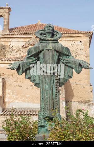 Alcantara, Spain - Oct 6th, 2022: San Pedro de Alcantara statue, Alcantara Caceres, Spain. Jose Navarro Gabaldon sculptor, 1976 Stock Photo