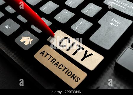 Text sign showing City Attractions, Concept meaning on demand availability of computer system resources Typing Firewall Program Codes, Typewriting Rul Stock Photo