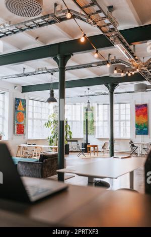 Interior of modern office with illuminated lights Stock Photo