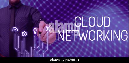 Sign displaying Cloud Networking, Business approach application of engineering to the development of software Businessman Holding Pen, Pointing On Gra Stock Photo