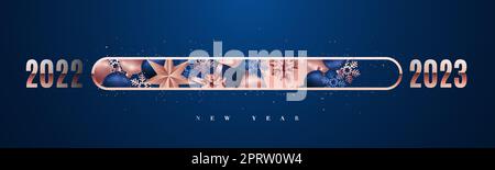 Progress bar filled with Christmas gifts, Christmas decorations and snowflakes. Loading bar counting down for New years eve. Happy New Year 2023. Stock Photo