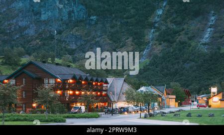 Flam, Norway. Wooden Hotel In Norwegian Countryside In Summer Night. Stock Photo