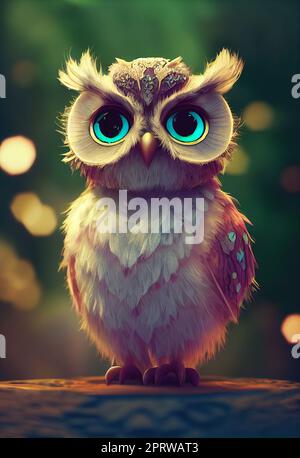 3d illustration of a cute adorable baby owl. Animation style character Stock Photo
