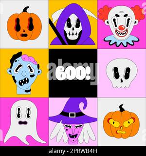 Halloween seamless pattern. Colorful spooky fantasy characters in bright frames. Grim reaper, clown, zombie, witch, pumpkins. Cartoon scary portraits. Stock Photo