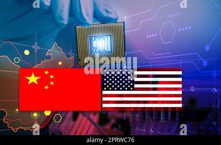 Chip shortage and US-China trade conflict. Global chip shortage crisis and China-United States trade war concept. China flag and US flag on china map and hand holding computer chip on background. Stock Photo