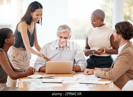 Digital vision, diversity and teamwork of a happy team in an office tech accounting meeting. Corporate business meeting of finance workers working and planning a finance agenda and financial project Stock Photo