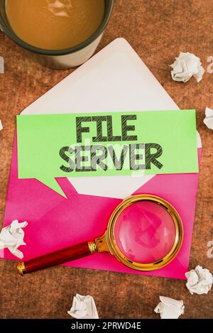 Handwriting text File Server, Business concept device which controls access to separately stored data Stock Photo