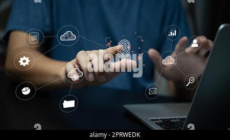 biometric identification fingerprint scanner cyber futuristic digital applications processing information privacy data network security business conce Stock Photo