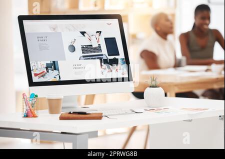 Graphic design, website and marketing with a screen for advertising campaign on a computer in a creative office. Designer, brand and editor in a studio for product placement, art and creativity Stock Photo