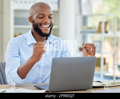 Success, excited and business man with laptop happy about profit and growth of stock market, investment or trading. Celebration by a professional trader over forex, nft and bitcoin cash stock growing Stock Photo