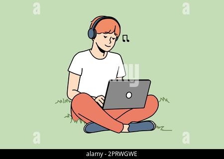 Guy sitting on grass outdoors working on laptop wearing earphones. Happy man relax outside with computer listen to music in headphones. Vector illustr Stock Photo