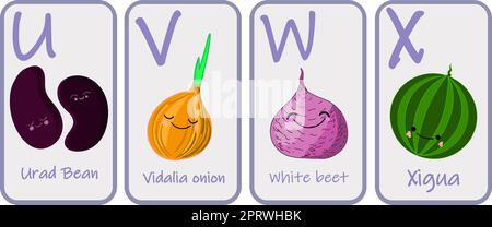 Illustration with funny characters. Children s font in cartoon style VEGETABLES . Set of multicolored bright letters for inscriptions AND TRAINING. Ve Stock Photo