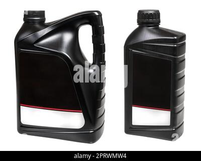 Two sizes of black plastic containers with stickers isolated on white background. Closeup a big pack with handle and smaller bottle to fluid packaging. Stock Photo