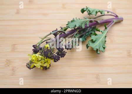 Yellow flowers on Purple sprouting broccoli Stock Photo
