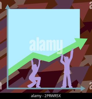Man And Woman Holding Arrow And Presenting Important Messages. Business Team Showing Crutial Informations Over Graph. Two People Displaying Recent Updates. Stock Photo