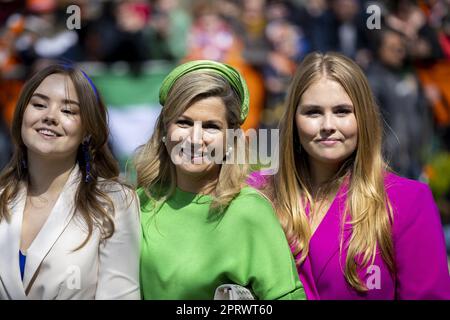 ROTTERDAM - Queen Maxima, Princess Amalia and Princess Ariane during the celebration of King's Day in Rotterdam. The visit marked the tenth anniversary of Willem-Alexander's reign. ANP ROBIN VAN LONKHUIJSEN netherlands out - belgium out Stock Photo