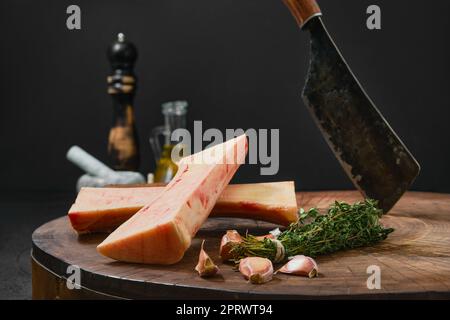 Large beef bone marrow chopped on half Stock Photo