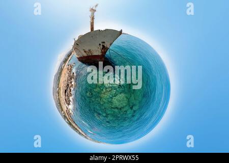Shipwreck in Pegeia, Paphos, Cyprus. 360 degree little planet Stock Photo