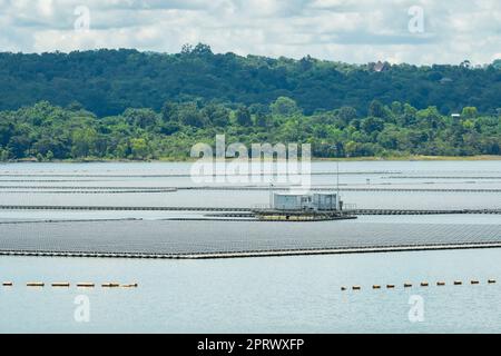 Floating solar farm or floating photovoltaics. Solar power. Landscape of solar panels floating on water in reservoir or lake. Solar technology. Alternative renewable energy. Sustainable resources. Stock Photo