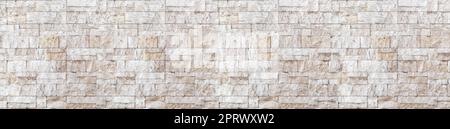 Panoramic Wide angle brown white beige travertine wall brick wall art concrete or stone texture background Stock Photo