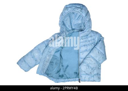 Childrens winter jacket. Stylish pink warm winter down jacket for kids isolated on a white background. Winter fashion. Stock Photo